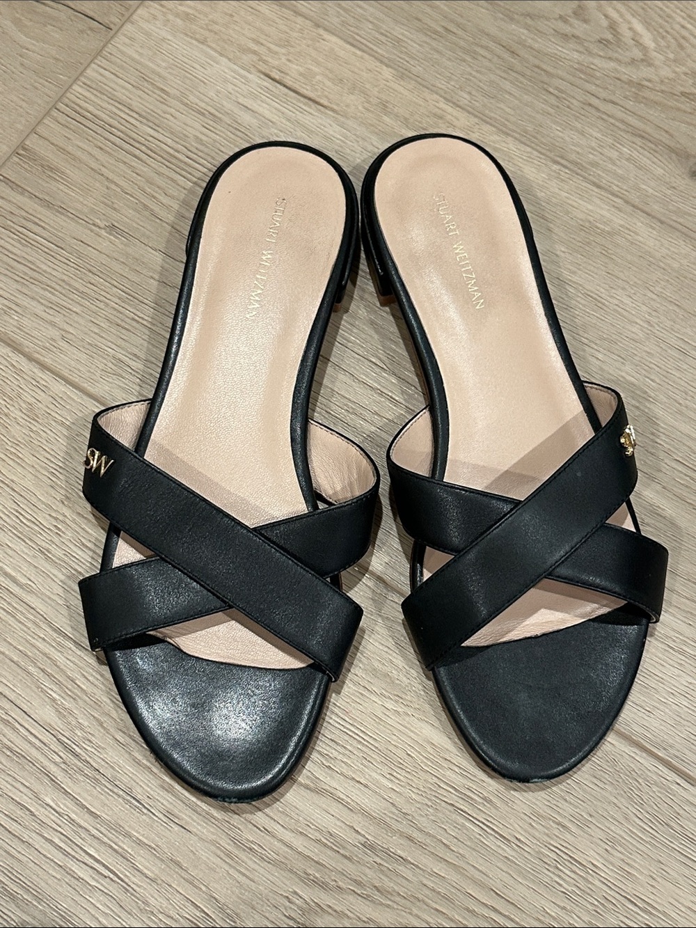 Stuart Weitzman Black Leather Crisscross Slide Sandals